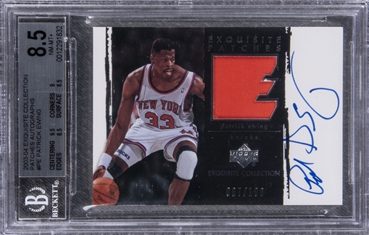 2003-04 UD "Exquisite Collection" Patches Autographs #PE Patrick Ewing Signed Game Used Patch Card (#067/100) - BGS NM-MT+ 8.5/BGS 9